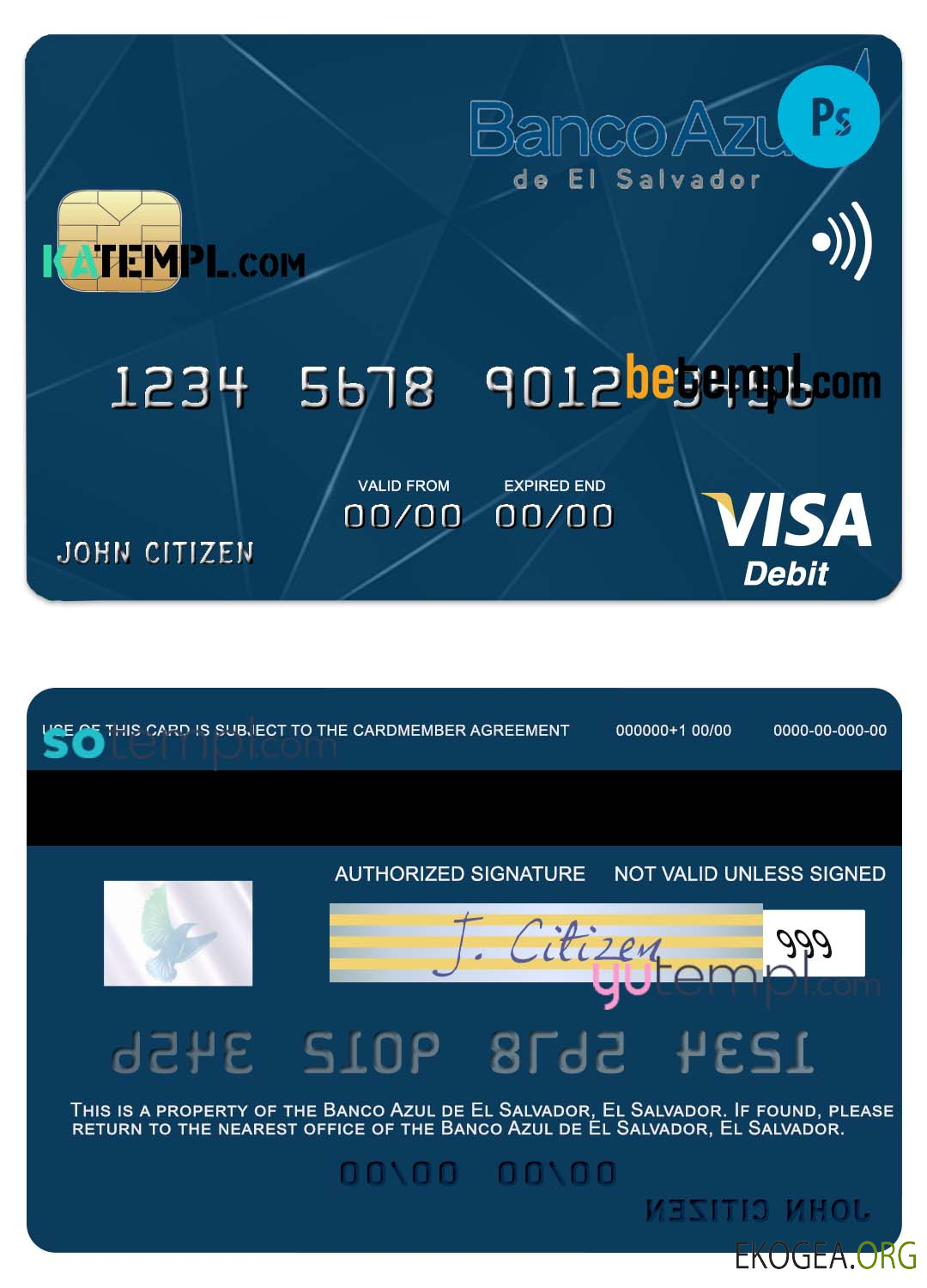 Modèle de carte de débit visa El Salvador Banco Azul de El Salvador au format PSD